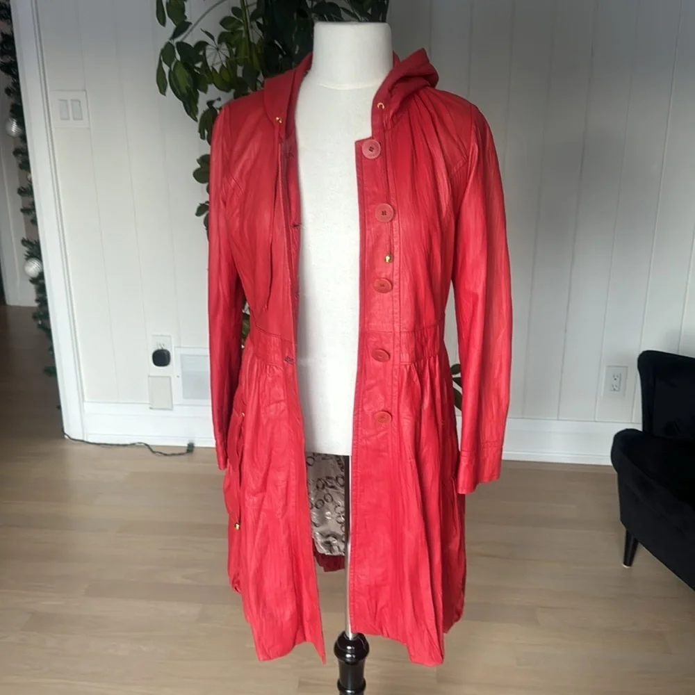 Vintage GENUINE Soft Coral Red Leather SCHAFSTALL Germany Parka Coat size 38 - Picture 5 of 16